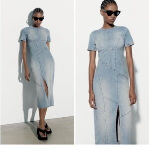 Zara Light Blue Denim Midi Dress